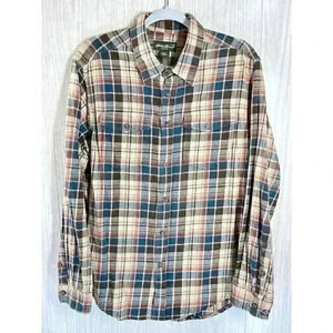 Eddie Bauer Men’s XL Shirt Button Front Pocket Flannel Plaid Hiking Outdoor Tan
